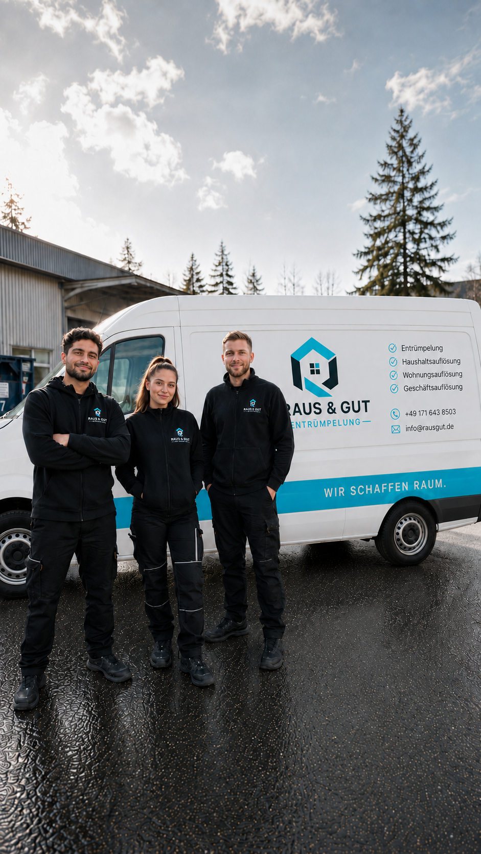 Das Raus & Gut Team vor dem Firmenfahrzeug